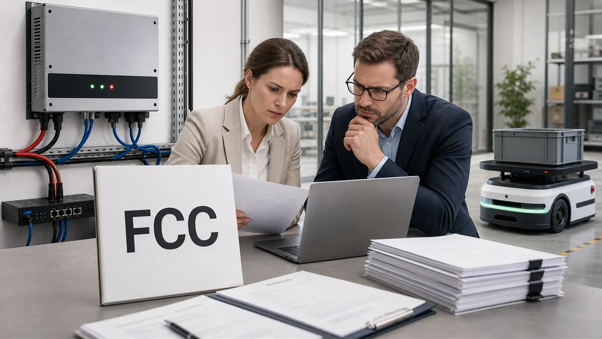 Editorial image showing connected robots and power inverters under an FCC vendor risk review.