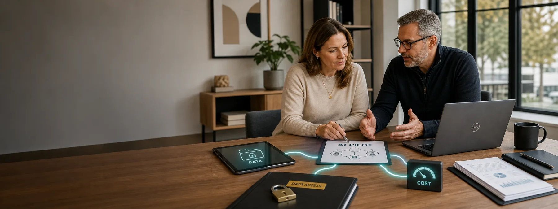Editorial image of a small business team reviewing a focused AI pilot with use-case, data, cost, and approval controls.