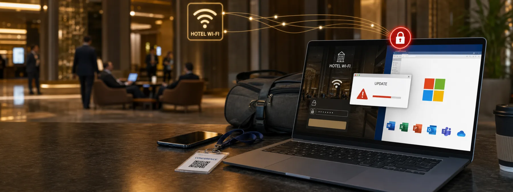 Business traveler reviewing a suspicious hotel Wi-Fi captive portal and Microsoft 365 access warning.