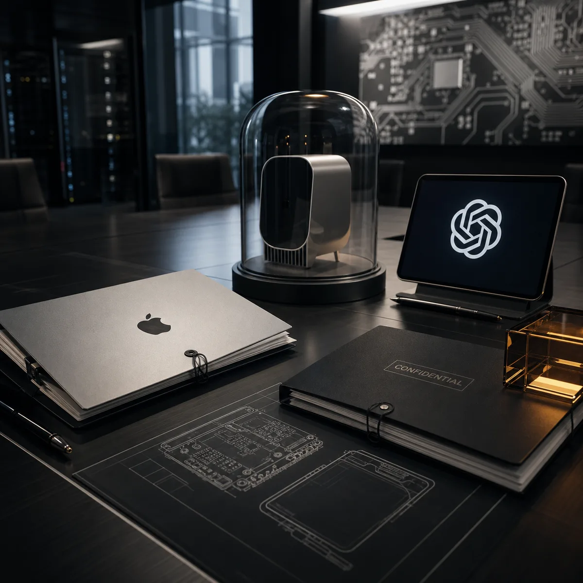 Editorial image showing Apple and OpenAI symbols near protected confidential files and AI hardware sketches.