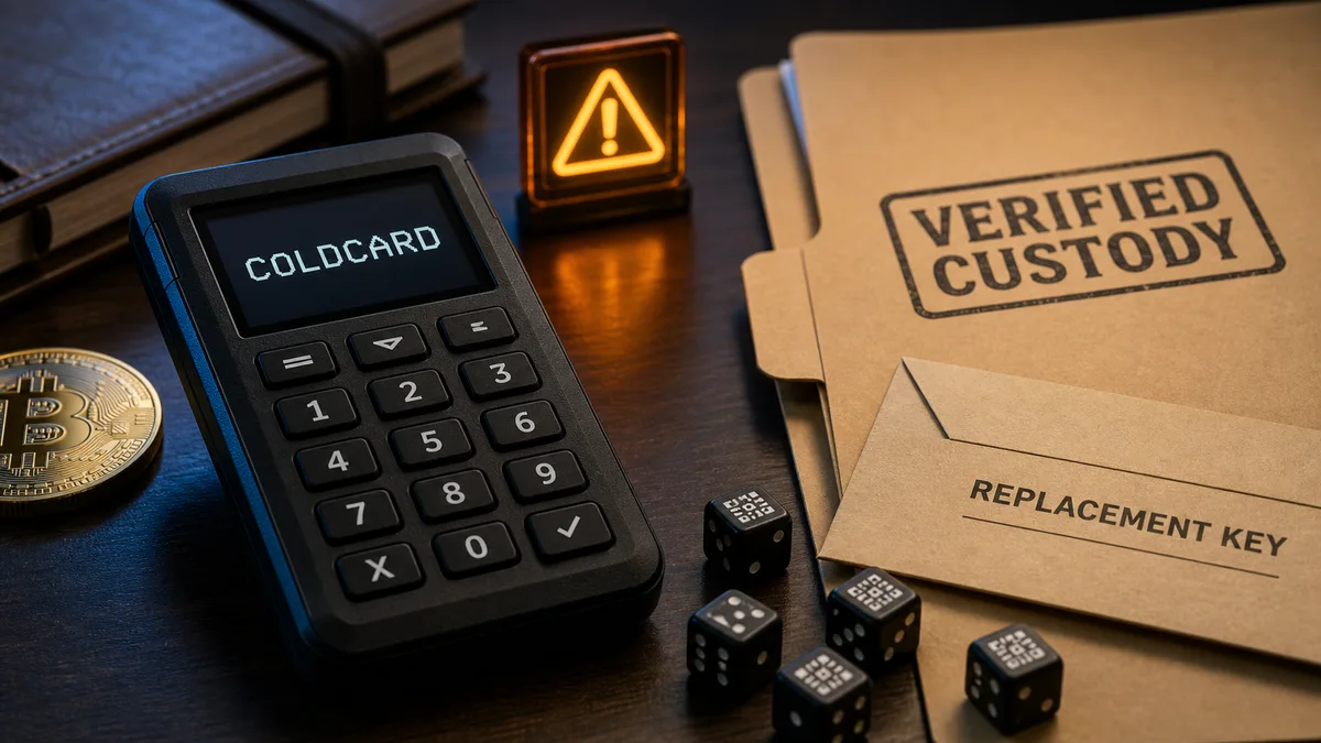 Editorial image of a hardware wallet, Bitcoin custody records, and a warning signal about random-number generation risk.