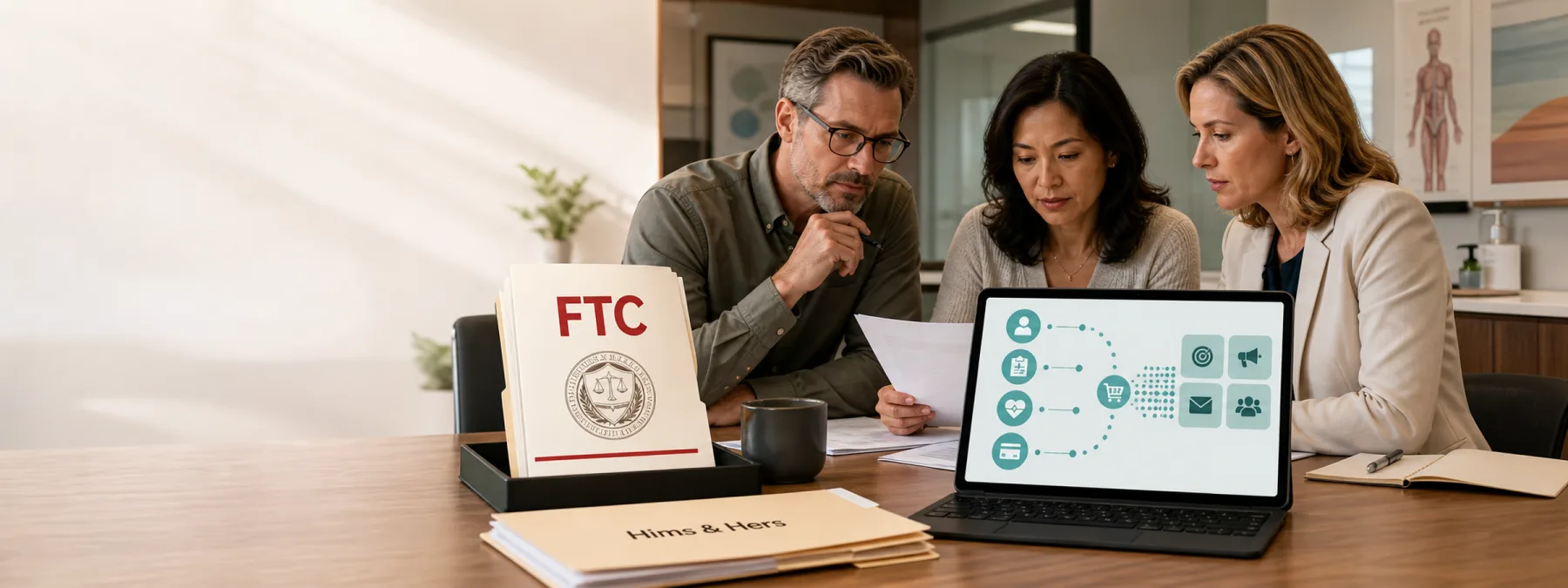 Editorial image of a healthcare business owner reviewing website tracking pixels, privacy promises, and subscription checkout controls.