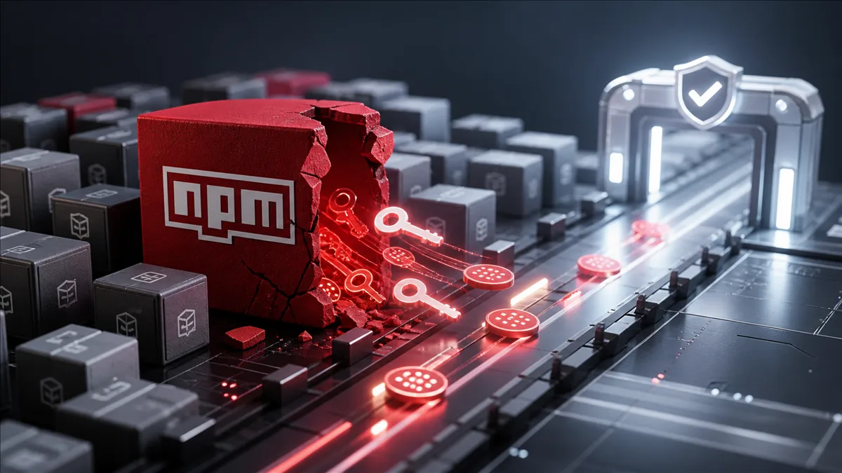 Editorial image showing a software build pipeline with npm package blocks and exposed credential keys under review.