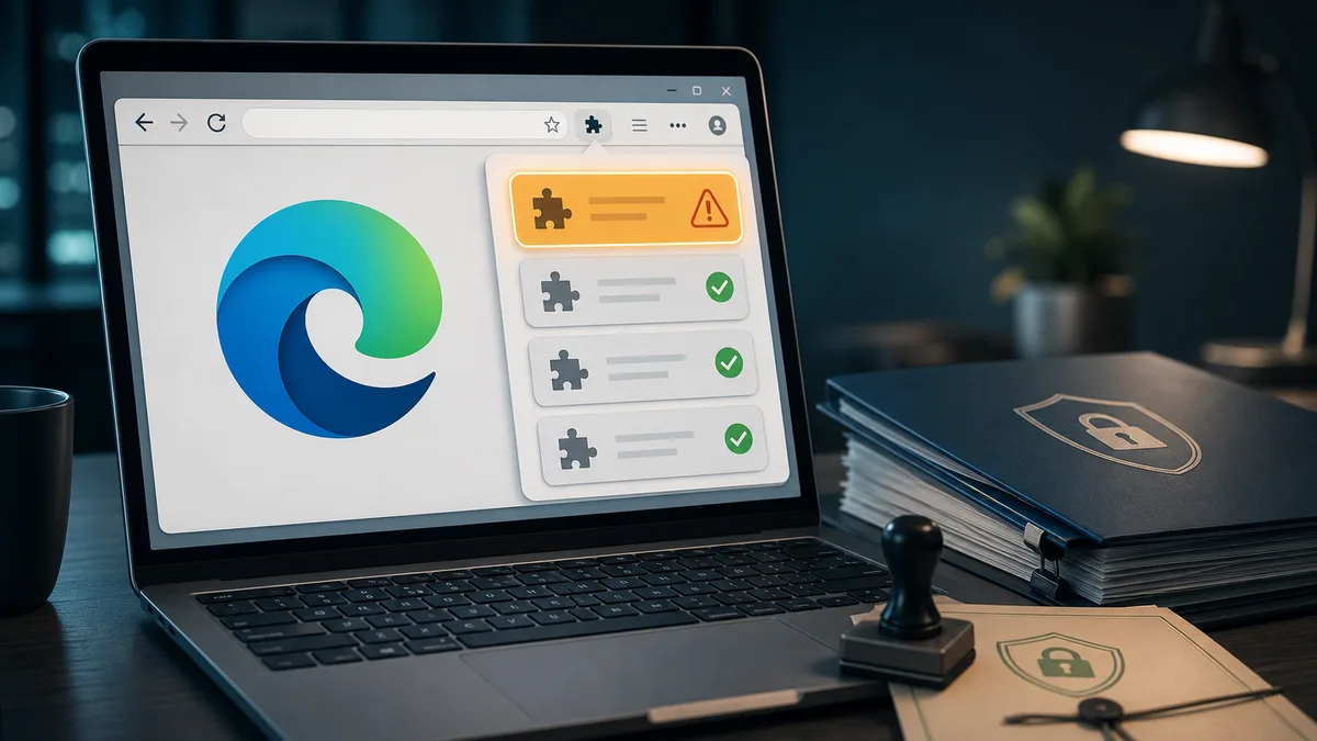 Editorial image showing a Microsoft Edge browser extension approval review with risky add-on permissions and business data access signals.