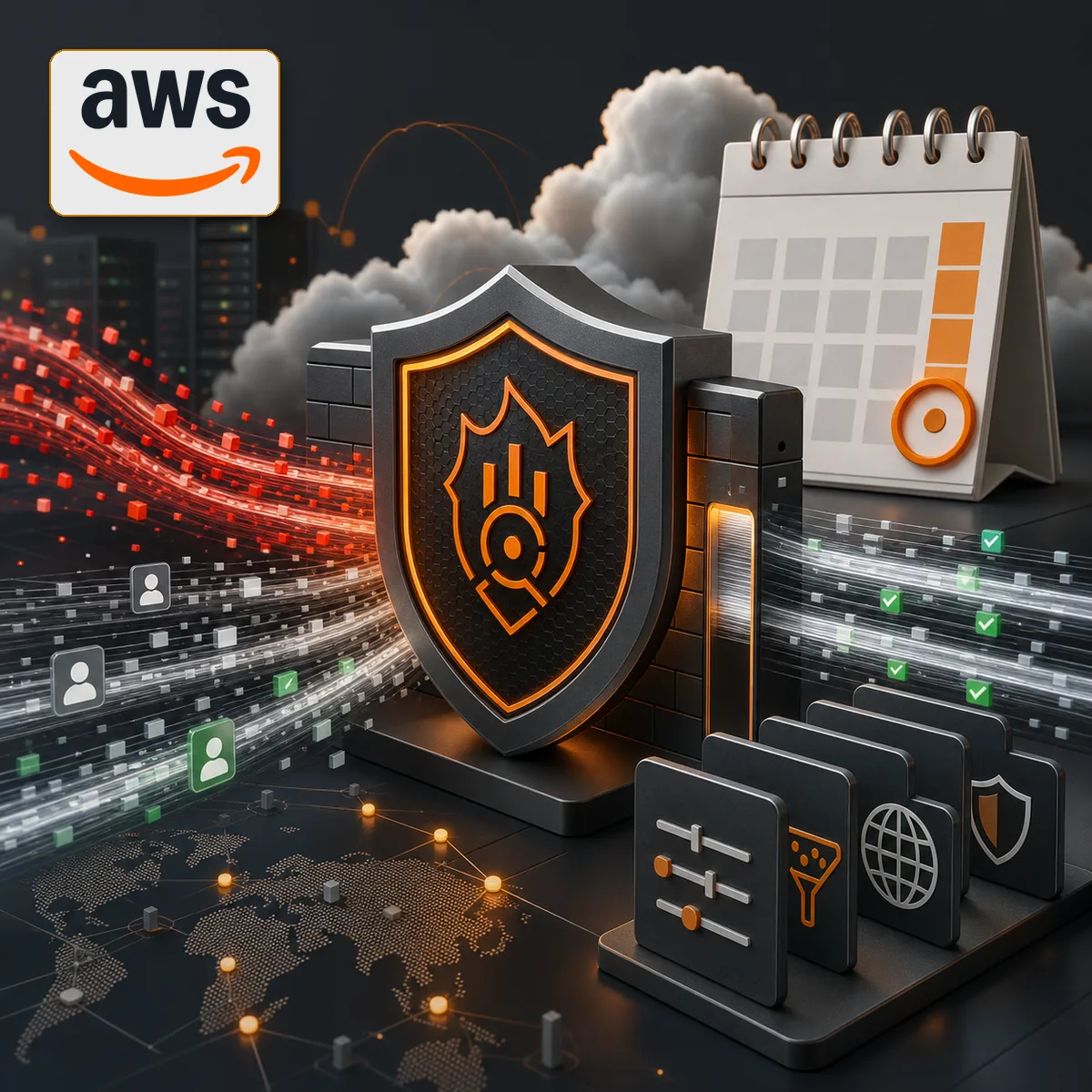 Editorial cloud security artwork showing AWS WAF and Shield DDoS protection moving through a migration calendar.