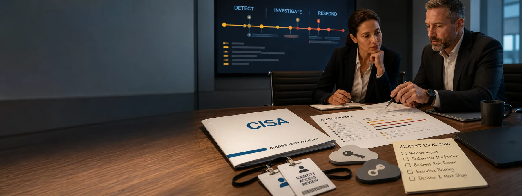 Editorial image of a business owner reviewing CISA red-team security monitoring evidence, alert escalation, and cloud access controls.