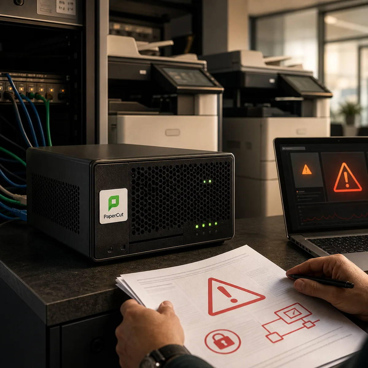 Editorial image of a PaperCut print management server under emergency security review with office printers and warning indicators.