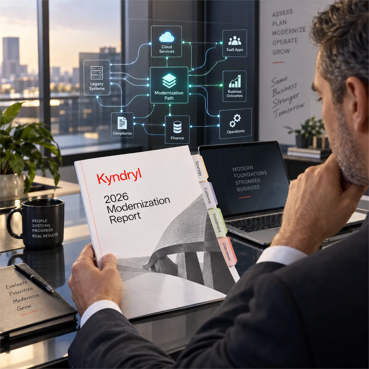 Editorial image of a business owner reviewing a modernization roadmap with application dependency records and business outcome evidence.