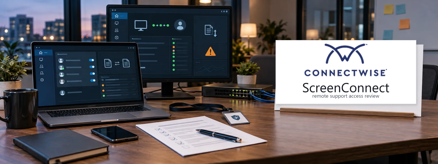 Editorial image of a ScreenConnect remote-support access review with file-transfer controls and Responsabilite du MSP signals.