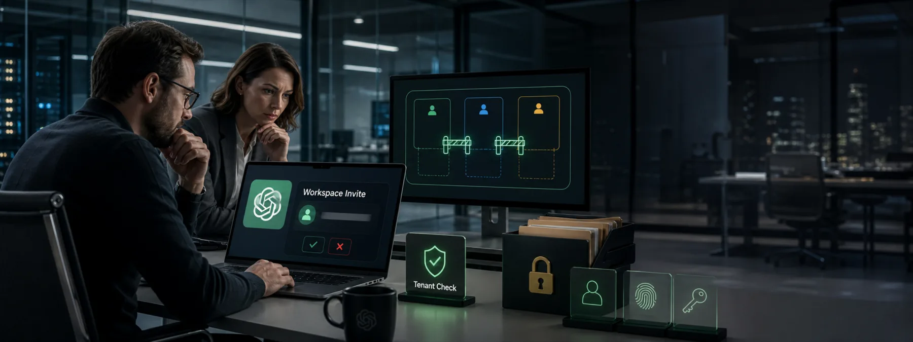Editorial image showing a business owner reviewing a suspicious AI workspace invitation, with SaaS access controls and tenant verification signals in a modern office.