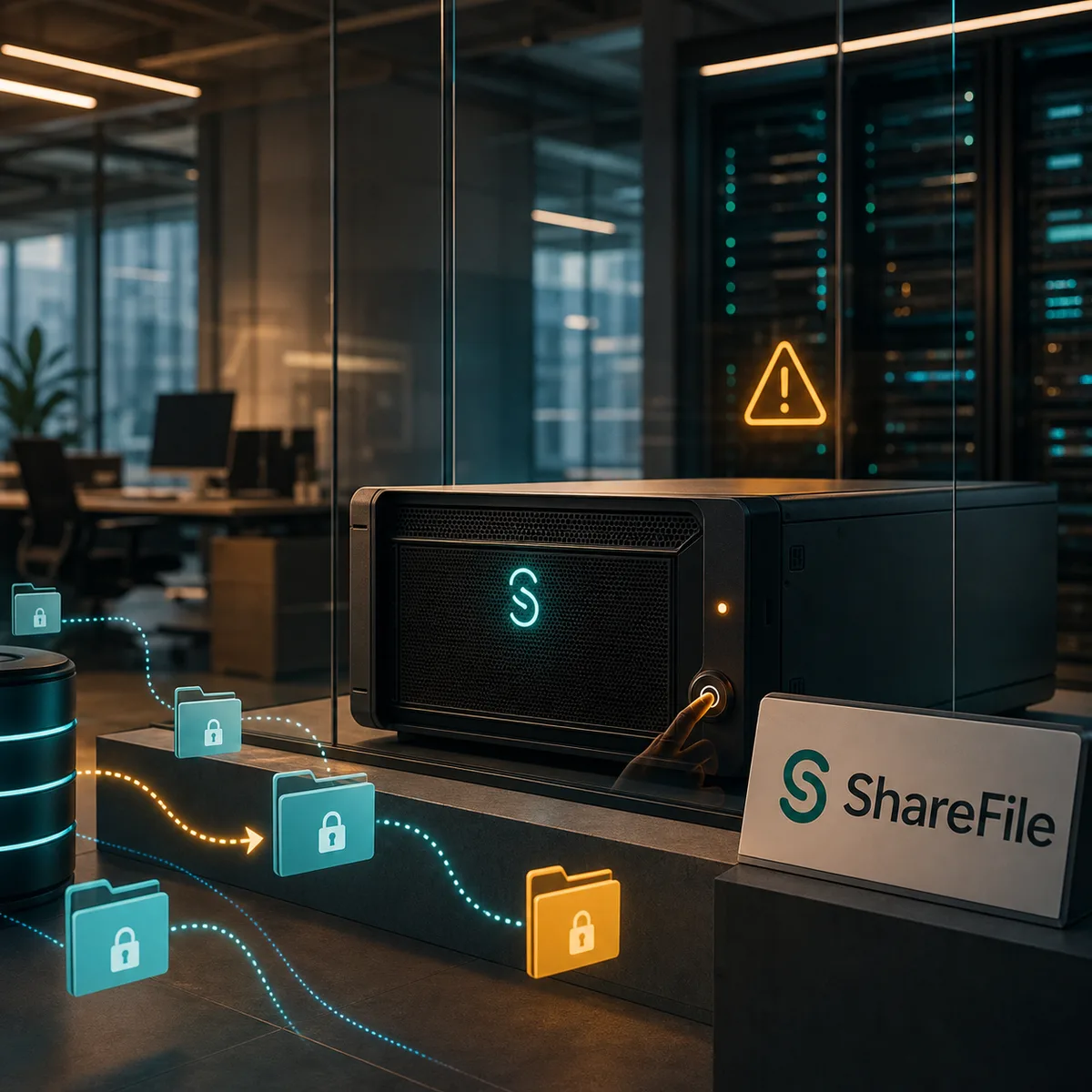 Editorial image showing a secure file-transfer server being isolated while business documents move through a controlled alternate workflow.