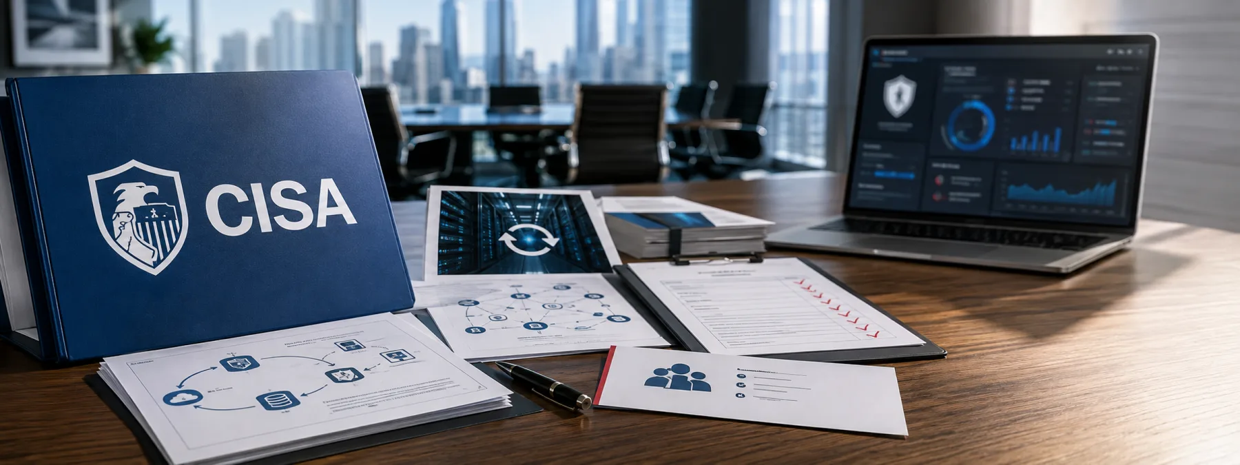 Editorial image showing a business resilience review document beside a CISA-labeled assessment folder and cybersecurity planning artifacts.