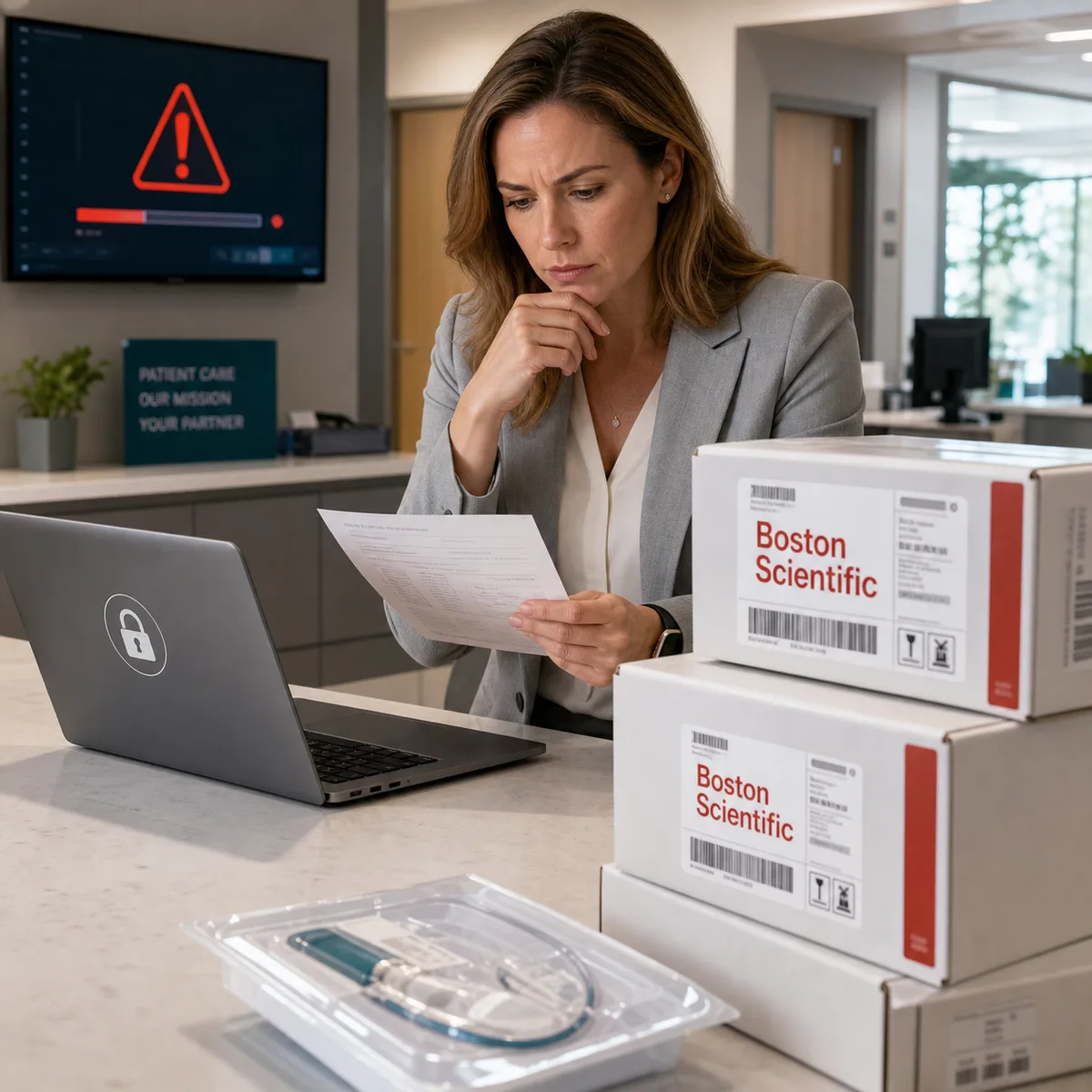 Editorial image showing a medical device vendor outage disrupting order processing and shipping workflows.