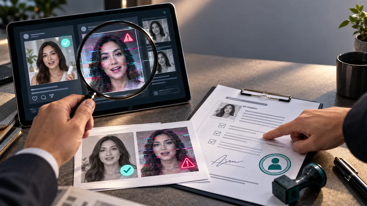 Editorial image of a business owner reviewing deepfake social ads, impersonation risk, and brand approval evidence.