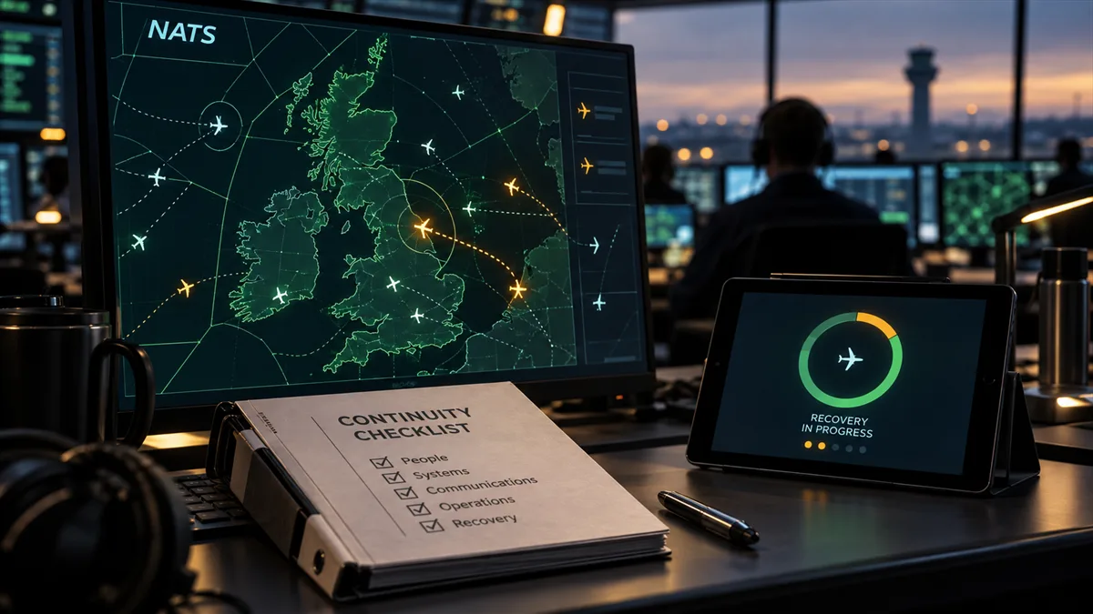 Editorial illustration of an air traffic operations screen with a recovery checklist for business continuity planning