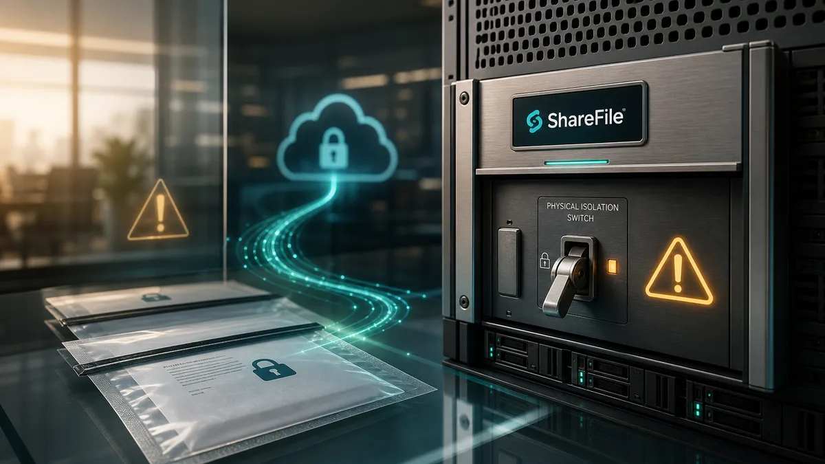 Editorial image showing a secure file-transfer server being isolated while business documents move through a controlled alternate workflow.