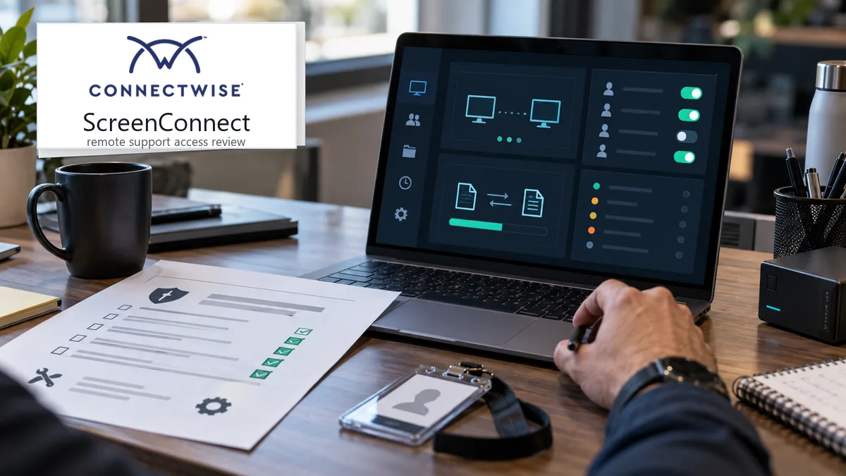 Editorial image of a ScreenConnect remote-support access review with file-transfer controls and MSP accountability signals.
