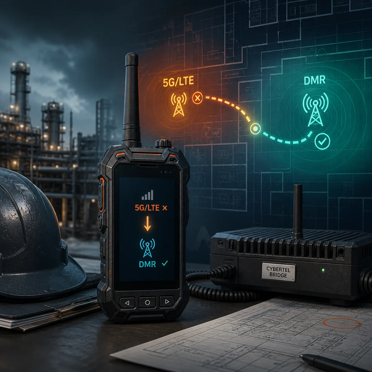 Editorial image of field communications switching between broadband and radio fallback during a coverage gap.