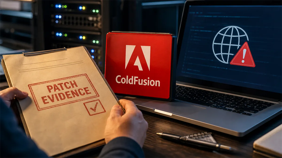 Editorial image showing Adobe ColdFusion web application patch evidence and server security review