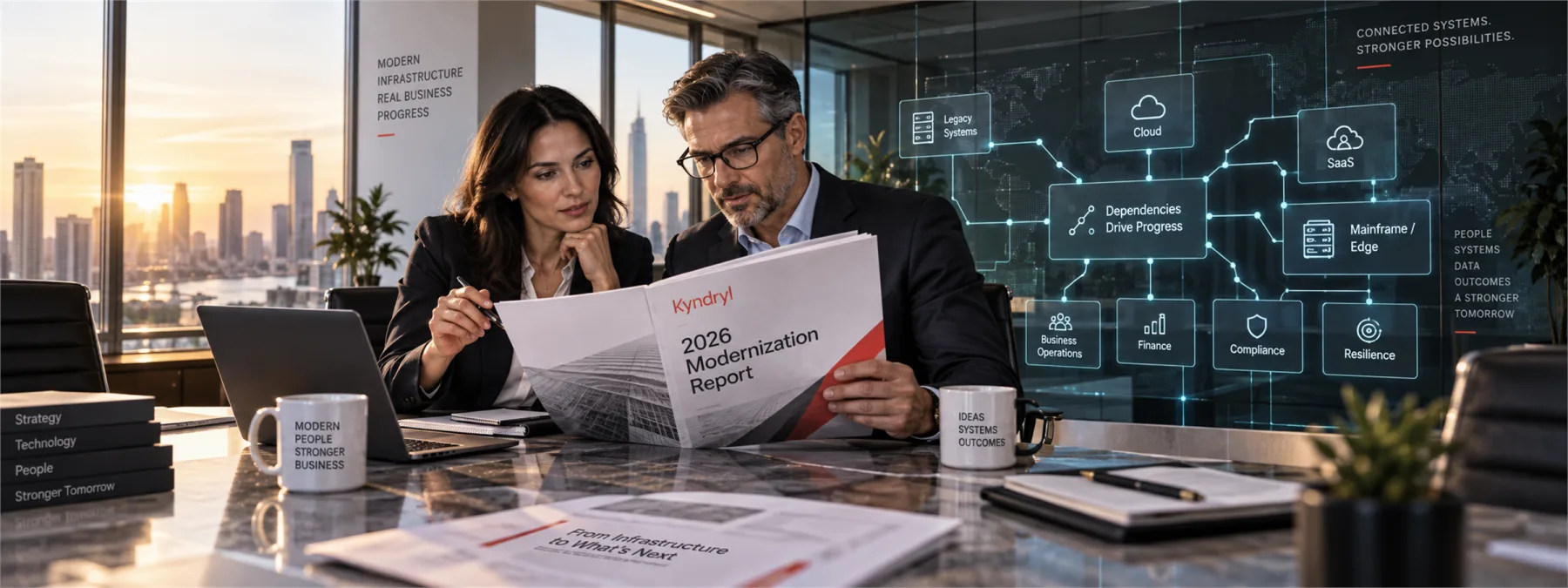 Editorial image of a business owner reviewing a modernization roadmap with application dependency records and business outcome evidence.
