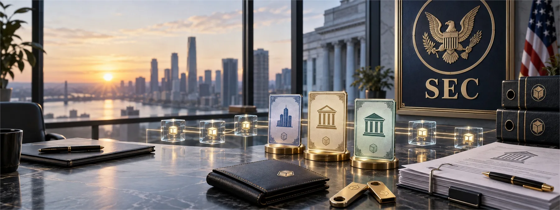 Editorial image of an SEC-style document, blockchain trading nodes, and finance records representing tokenized stock compliance review.