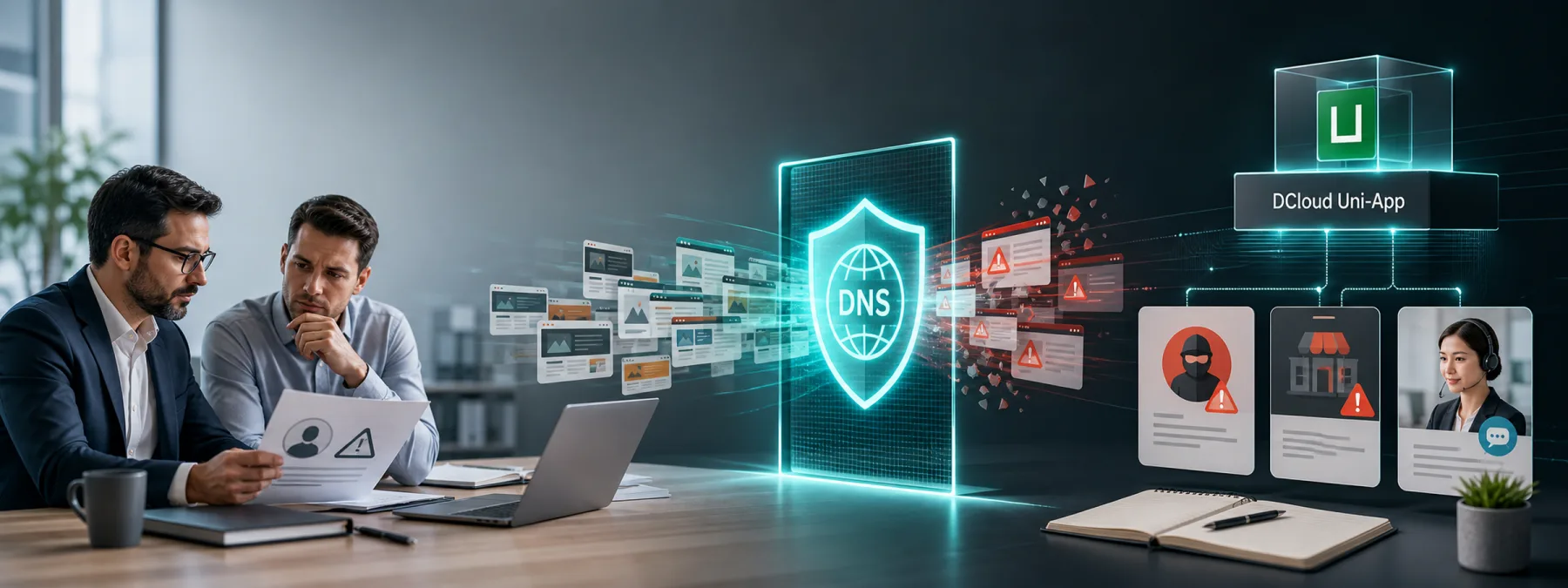 Editorial image showing scam website infrastructure, DNS security review, and customer fraud response in a business setting.