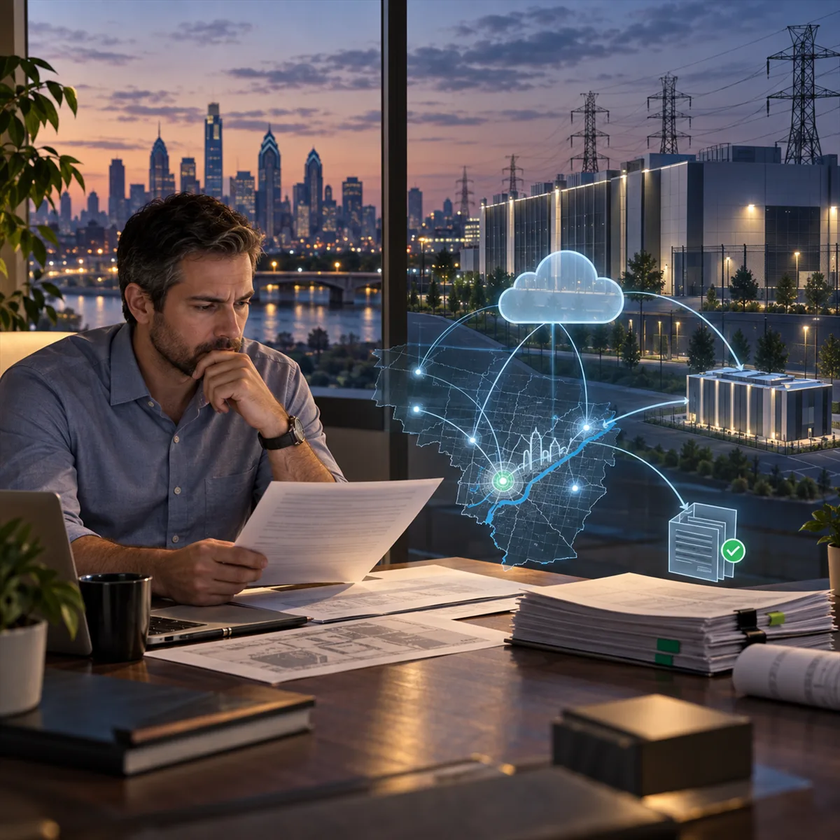 Business owner reviewing cloud and data center planning notes with regional infrastructure visible in the background
