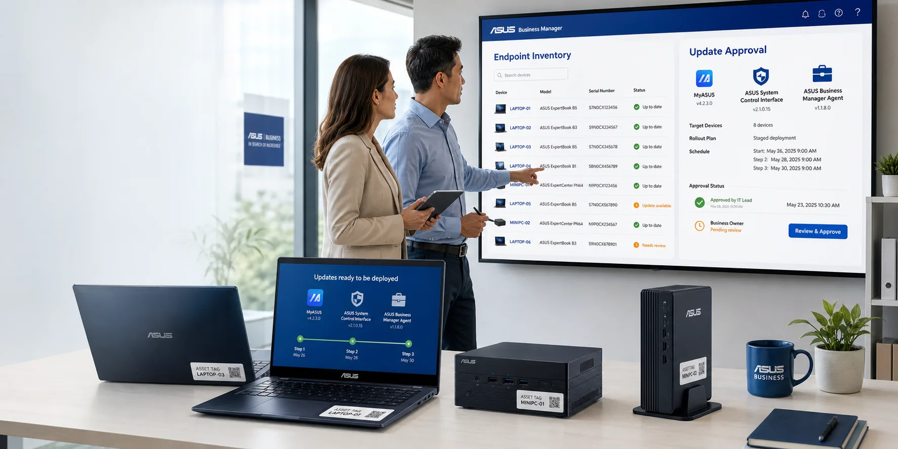 ASUS business laptops on an office desk with endpoint inventory and update status visuals.