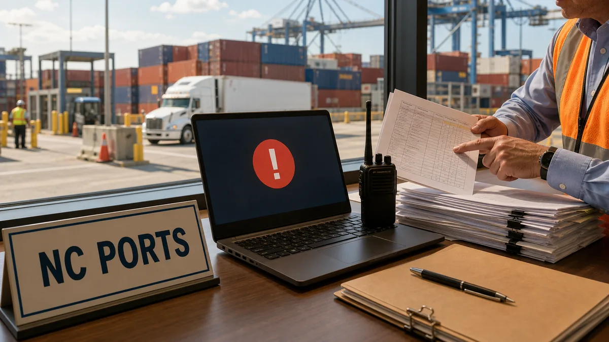 Editorial image of a port logistics operations desk during a cyber-related shipping delay and continuity review.