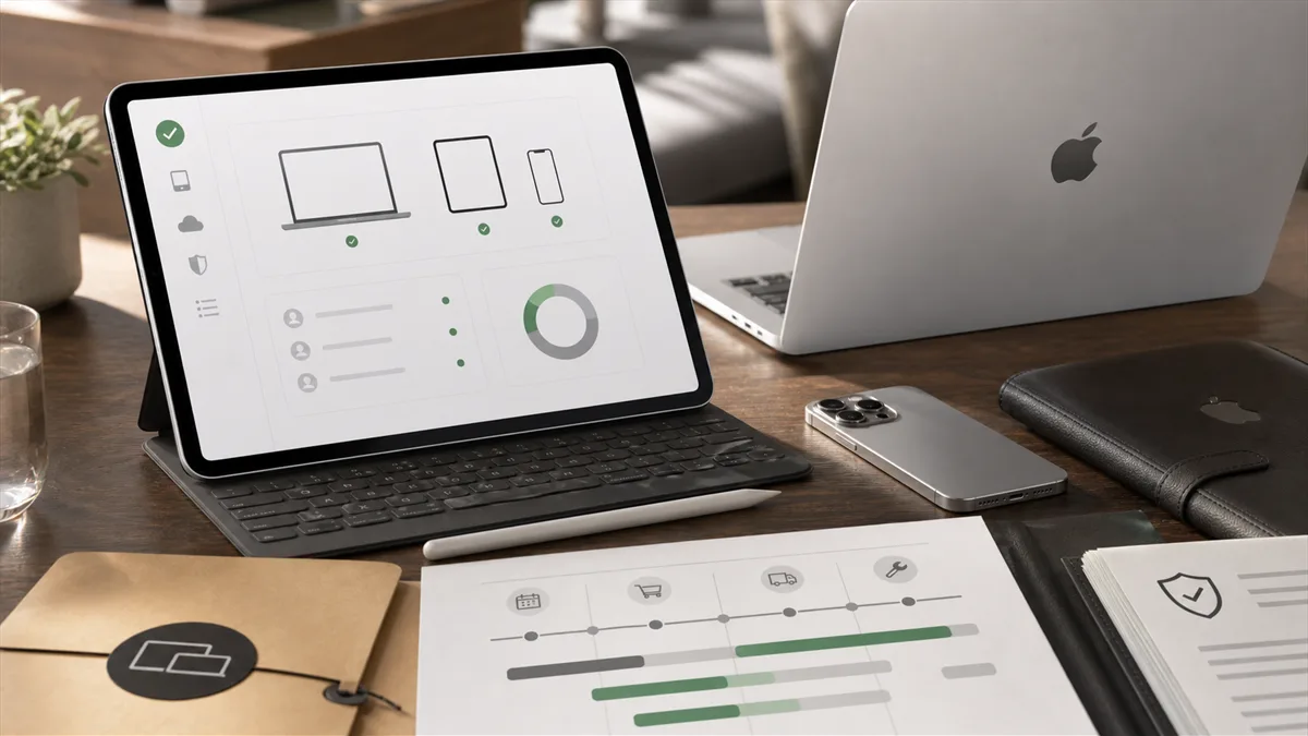 Editorial image of Apple devices on a business planning desk with roadmap documents and device management signals.