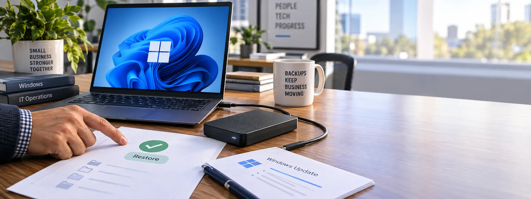 Editorial image of a business owner reviewing Windows backup status and restore proof after a software update.