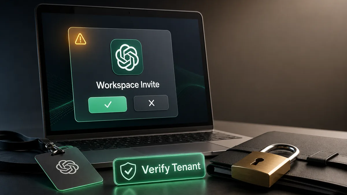 Editorial image showing a business owner reviewing a suspicious AI workspace invitation, with SaaS access controls and tenant verification signals in a modern office.