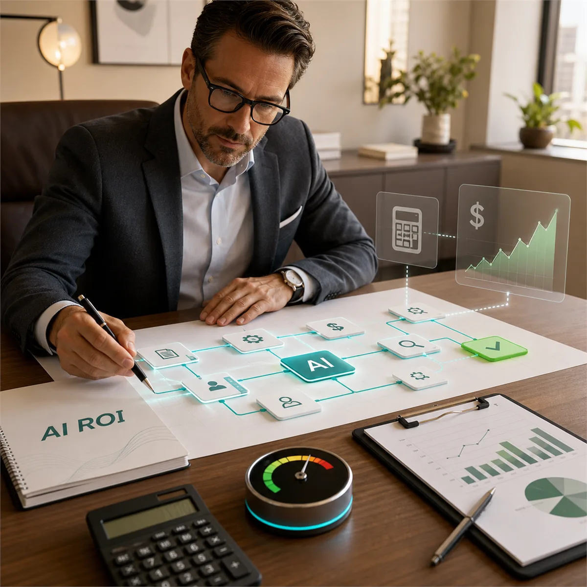 Editorial image of a business owner reviewing AI workflow costs, ROI metrics, and approval paths on a modern desk.