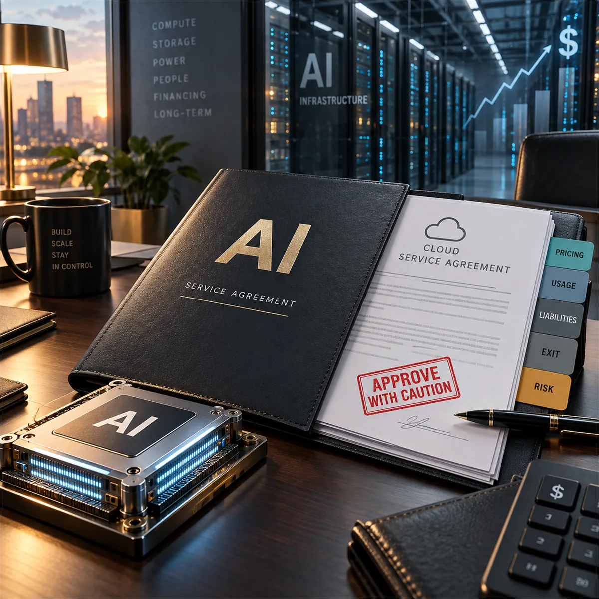 Business owner reviewing an AI vendor contract with data center financing and cloud infrastructure signals in the background.