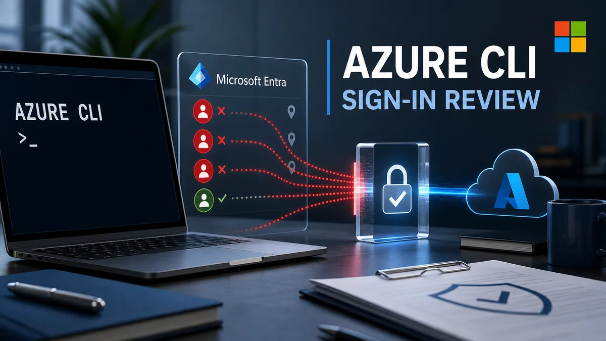 Editorial image of Microsoft Azure CLI sign-in activity under Conditional Access review, with identity alerts and account protection evidence.