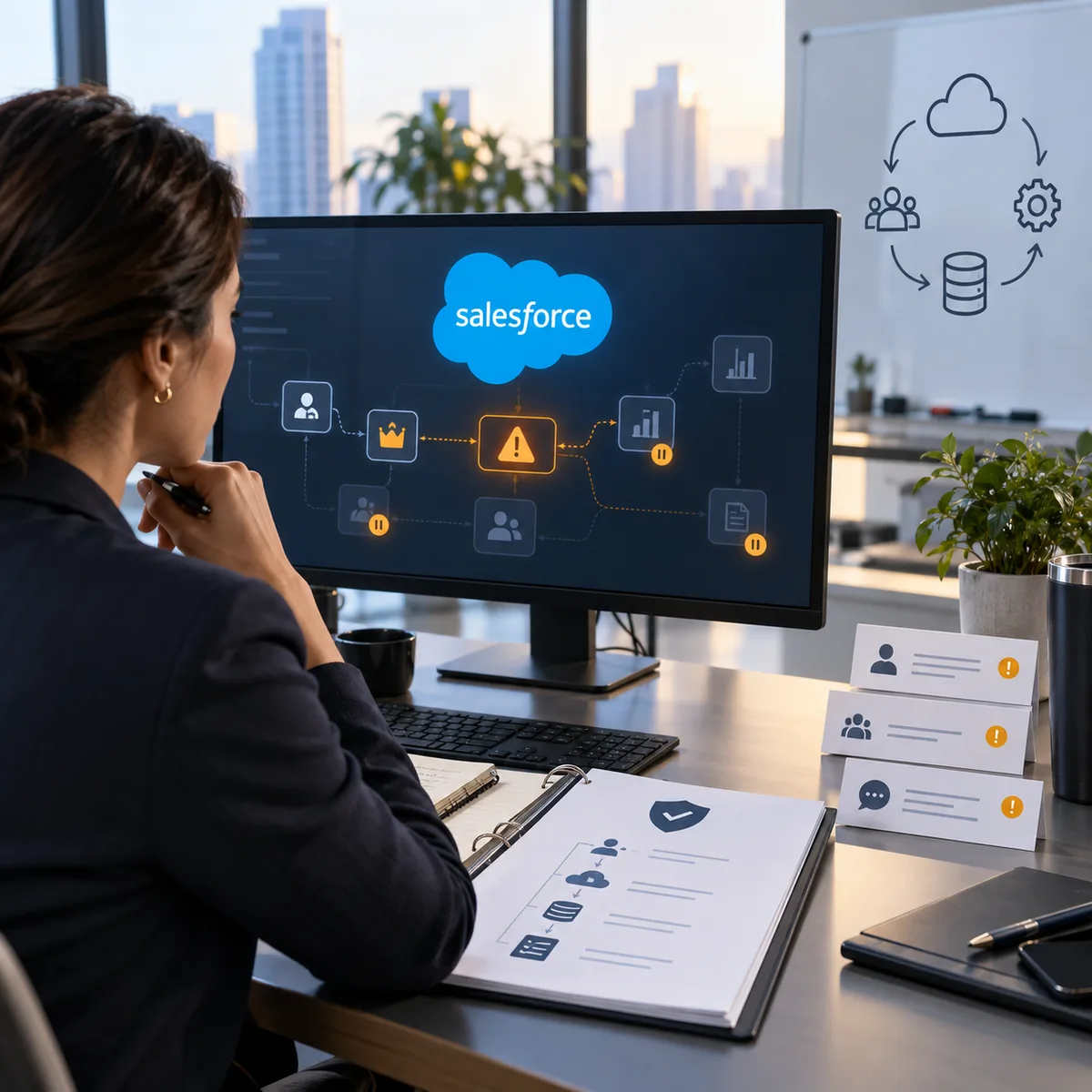Editorial image showing Salesforce-dependent business workflows under continuity review during a SaaS outage.