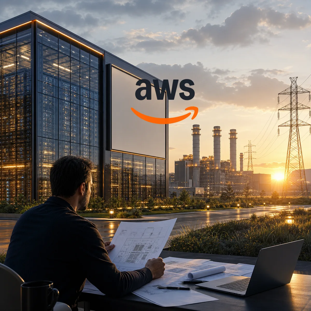 Editorial image of Amazon-style AI data-center infrastructure, power generation, and business cloud planning documents.