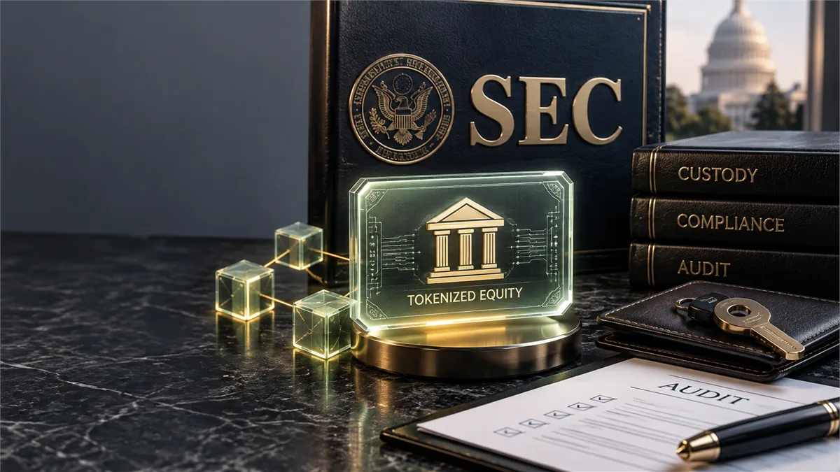 Editorial image of an SEC-style document, blockchain trading nodes, and finance records representing tokenized stock compliance review.