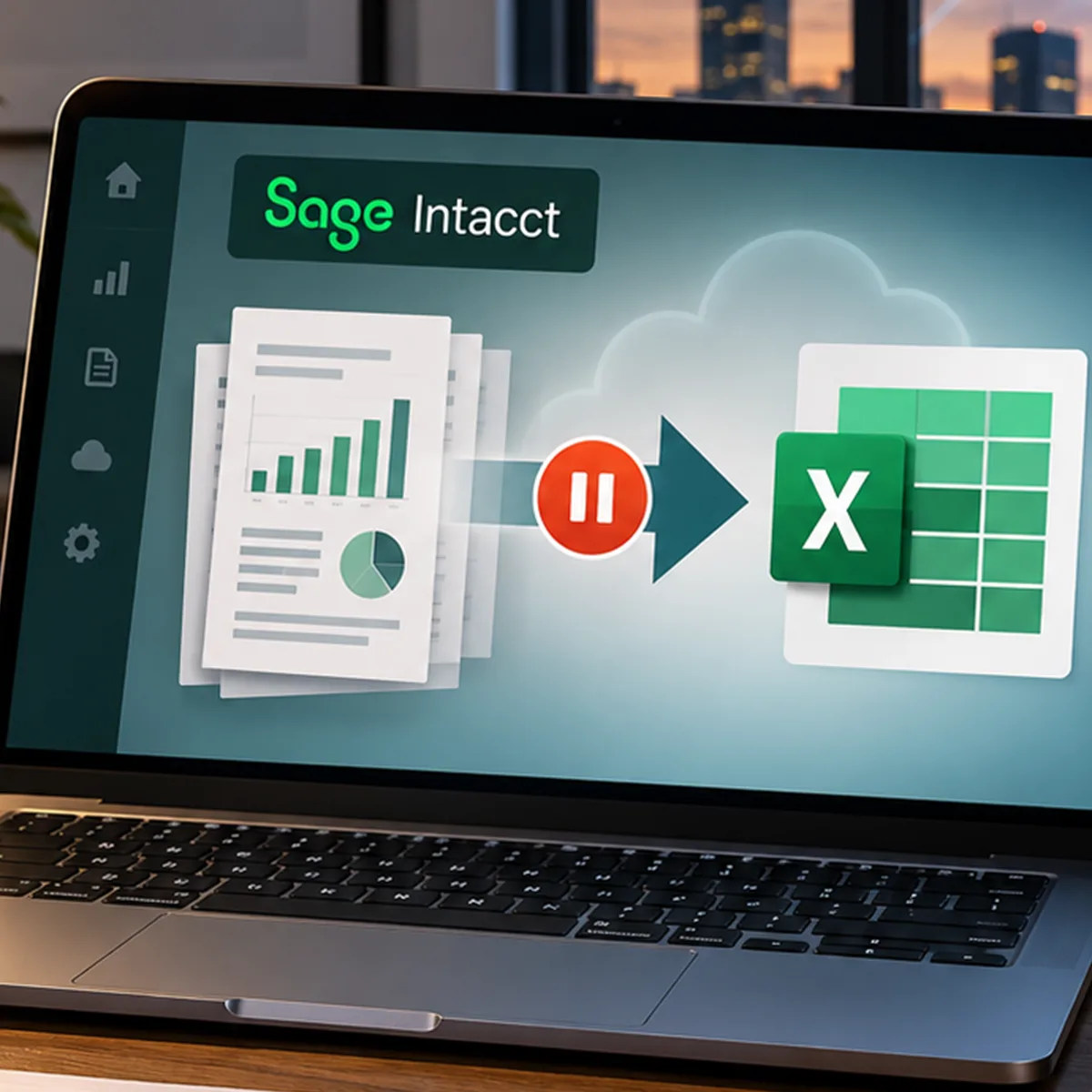 A business finance dashboard paused beside exported spreadsheet reports, representing a cloud accounting reporting outage.