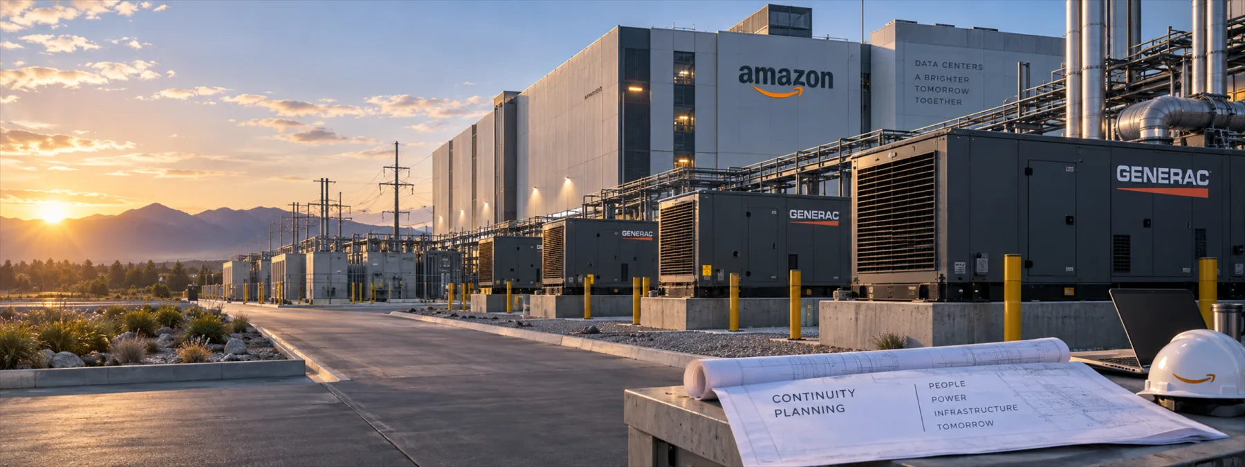 Editorial image showing Amazon-scale data center backup power and business cloud continuity planning.