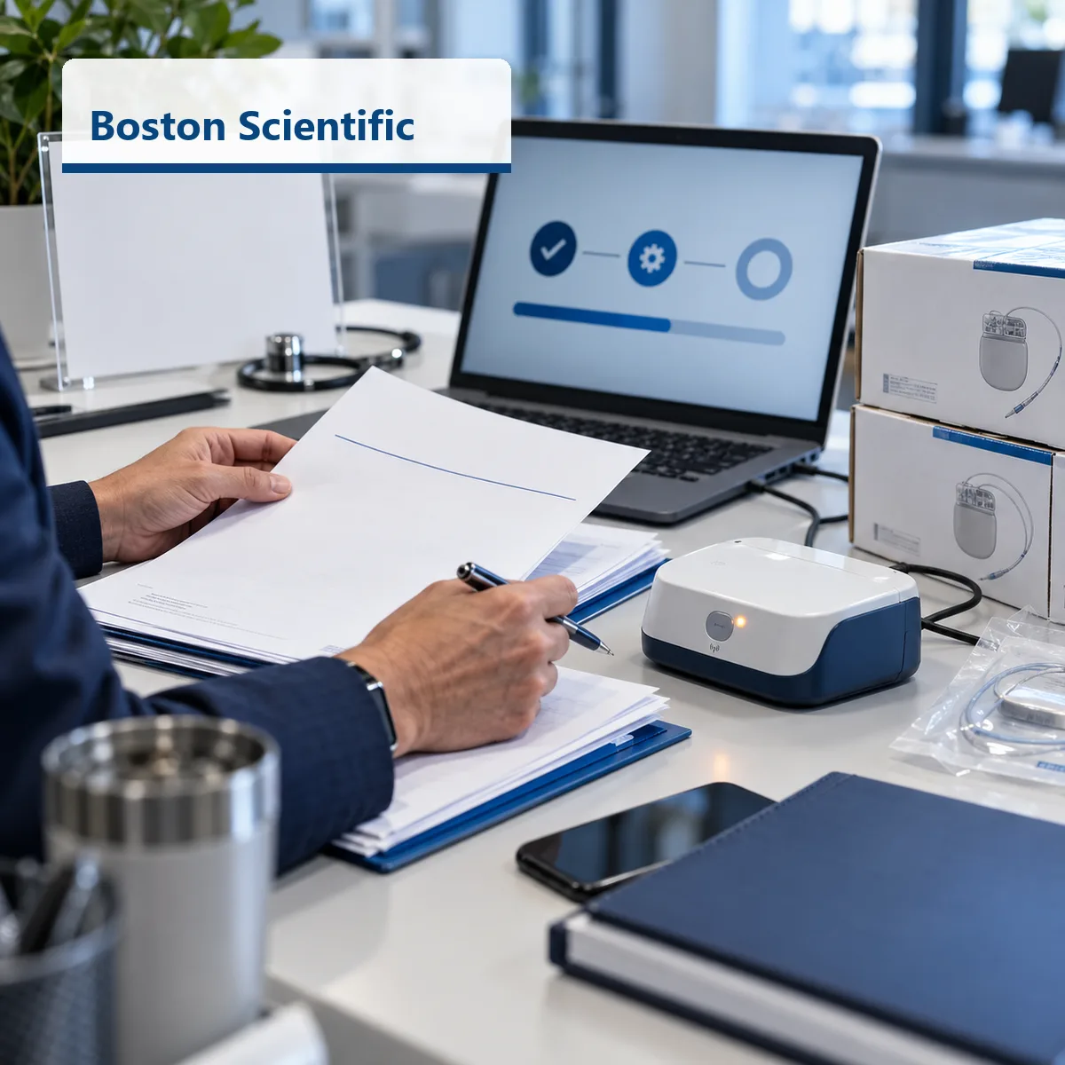 Editorial image of a healthcare operations desk reviewing vendor cyber recovery evidence, remote monitoring status, and medical device supply chain continuity.