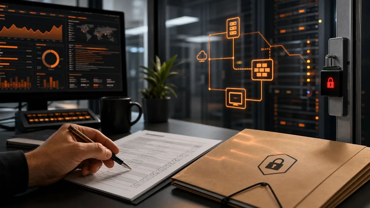 Editorial image of a monitoring platform under review with patch evidence and risk signals around a Splunk-style log console.