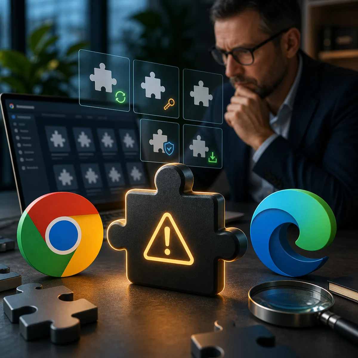 Editorial image of Chrome and Edge browser extension puzzle pieces under security review by a business owner.