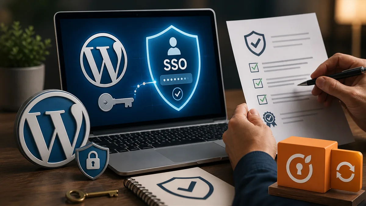 Editorial image of a WordPress administrator login protected by SAML SSO with a vendor update review on a business desk.