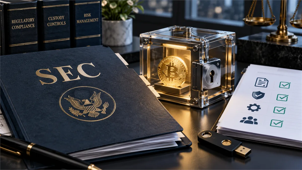 Editorial image of SEC crypto custody controls, digital asset keys, and vendor evidence documents on a financial services desk.