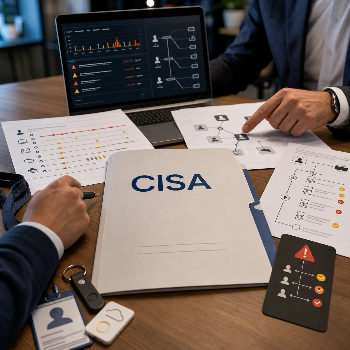 Editorial image of a business owner reviewing CISA red-team security monitoring evidence, alert escalation, and cloud access controls.