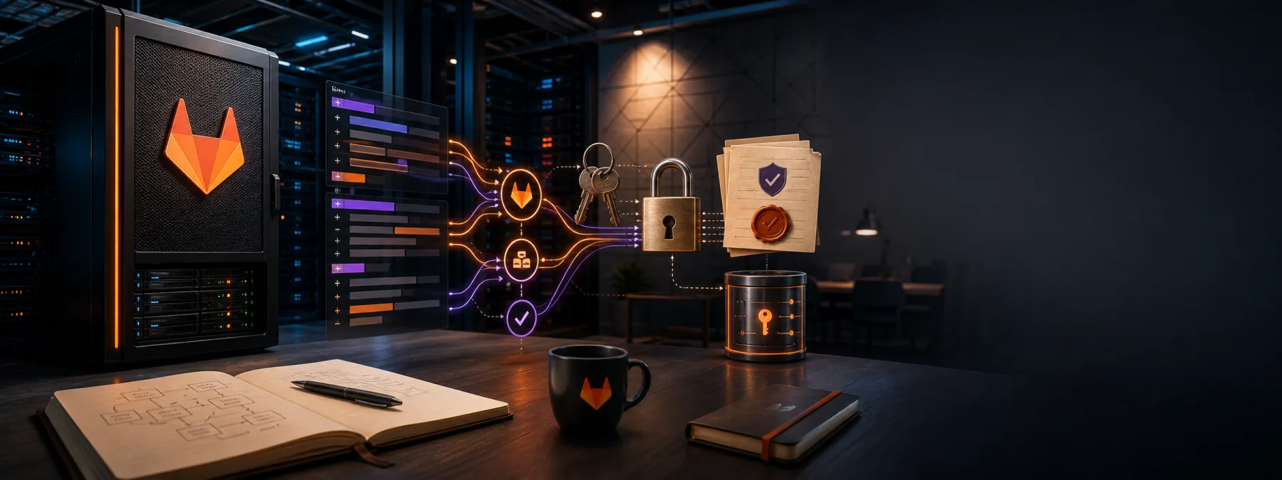 Editorial image showing a business owner reviewing self-managed GitLab code hosting, patch status, and CI/CD secret exposure.