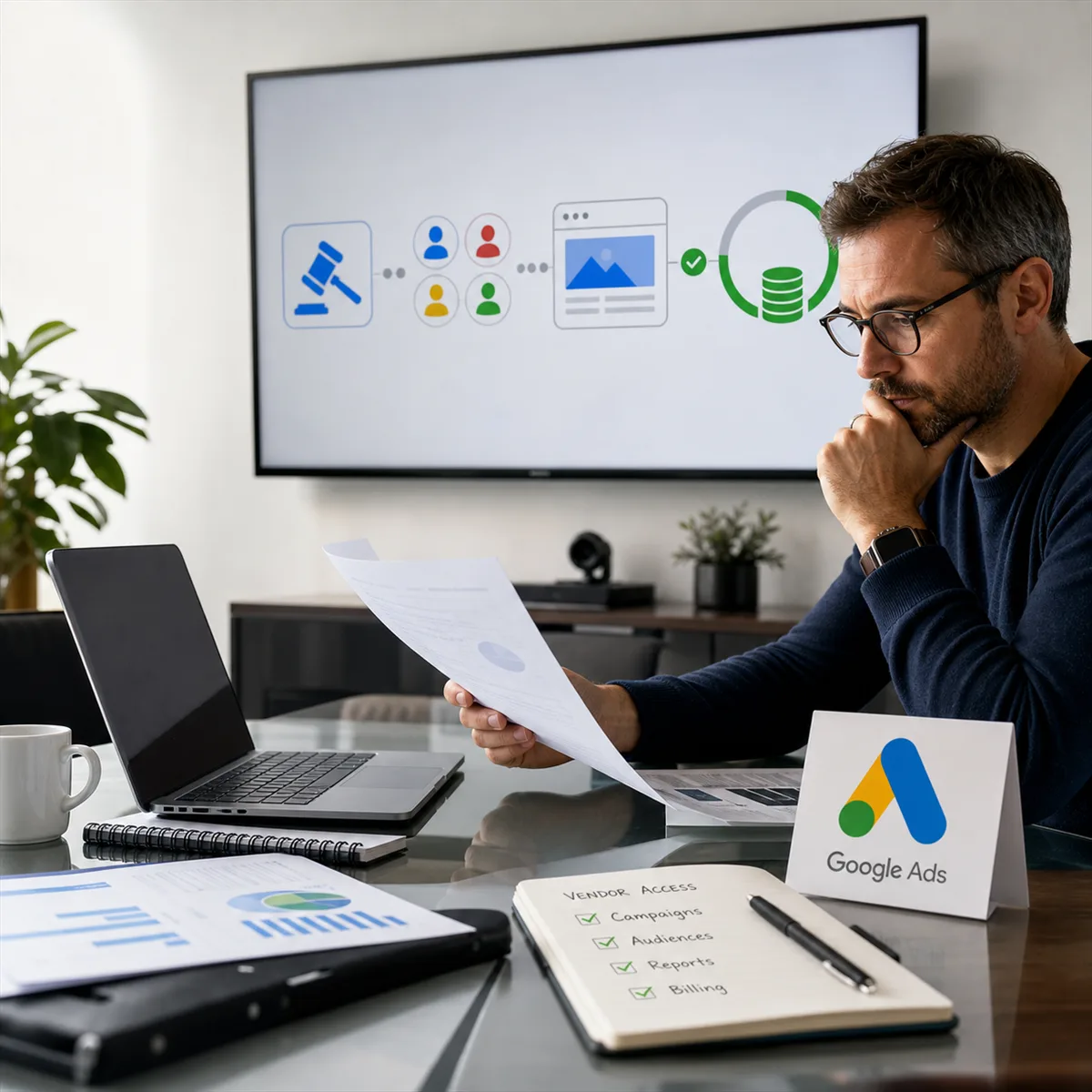 Editorial image of a business owner reviewing Google ad-tech platform dependency, ad spend, and vendor reporting evidence.