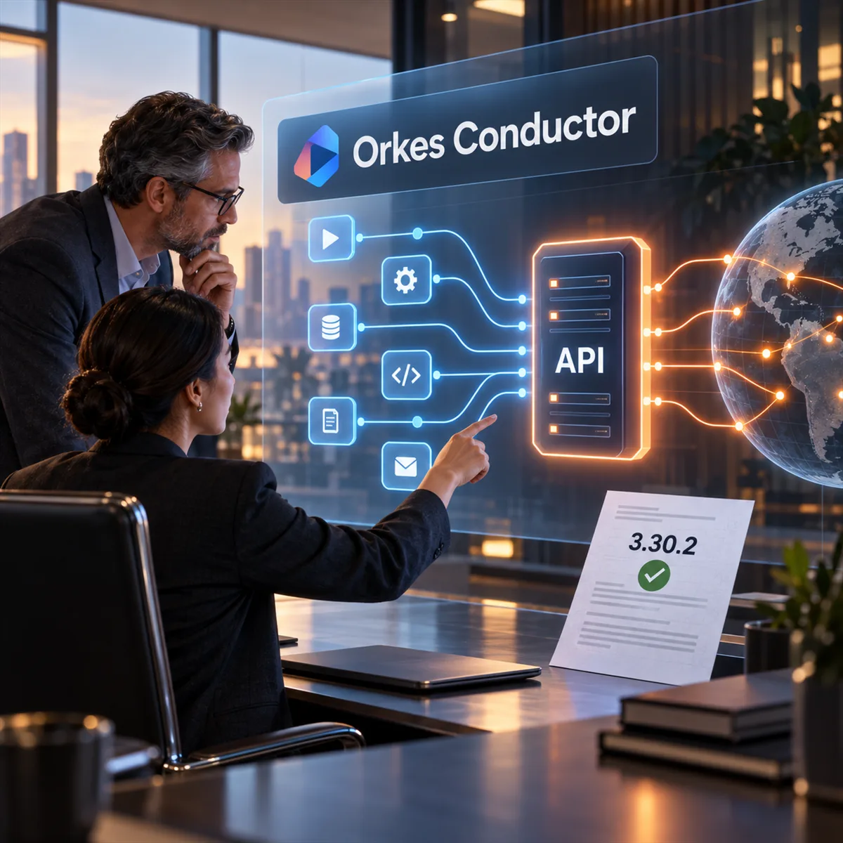 Editorial image of a business owner reviewing workflow automation API exposure and patch evidence for Orkes Conductor.