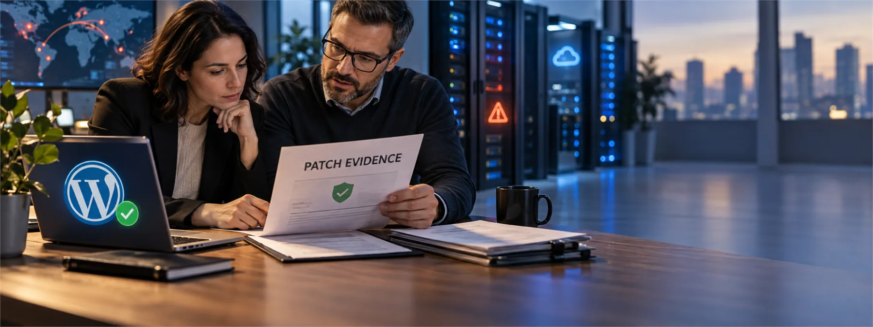 Editorial image of a business owner reviewing WordPress patch evidence and hosting security records.